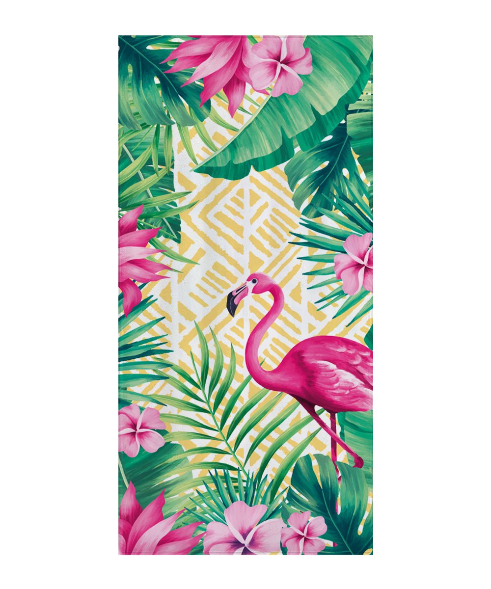 A Quick Dry, Sand Free, Light Weight, Compact and Ecofriendly Microfiber Beach Towel designed with flamingos from from La Toalla