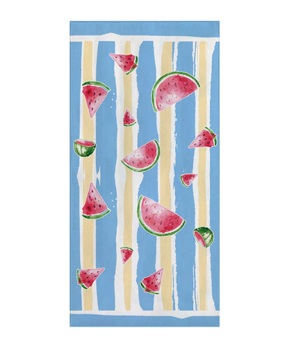 A Quick Dry, Sand Free, Light Weight, Compact and Ecofriendly Microfiber Beach Towel from La Toalla with a watermelon design