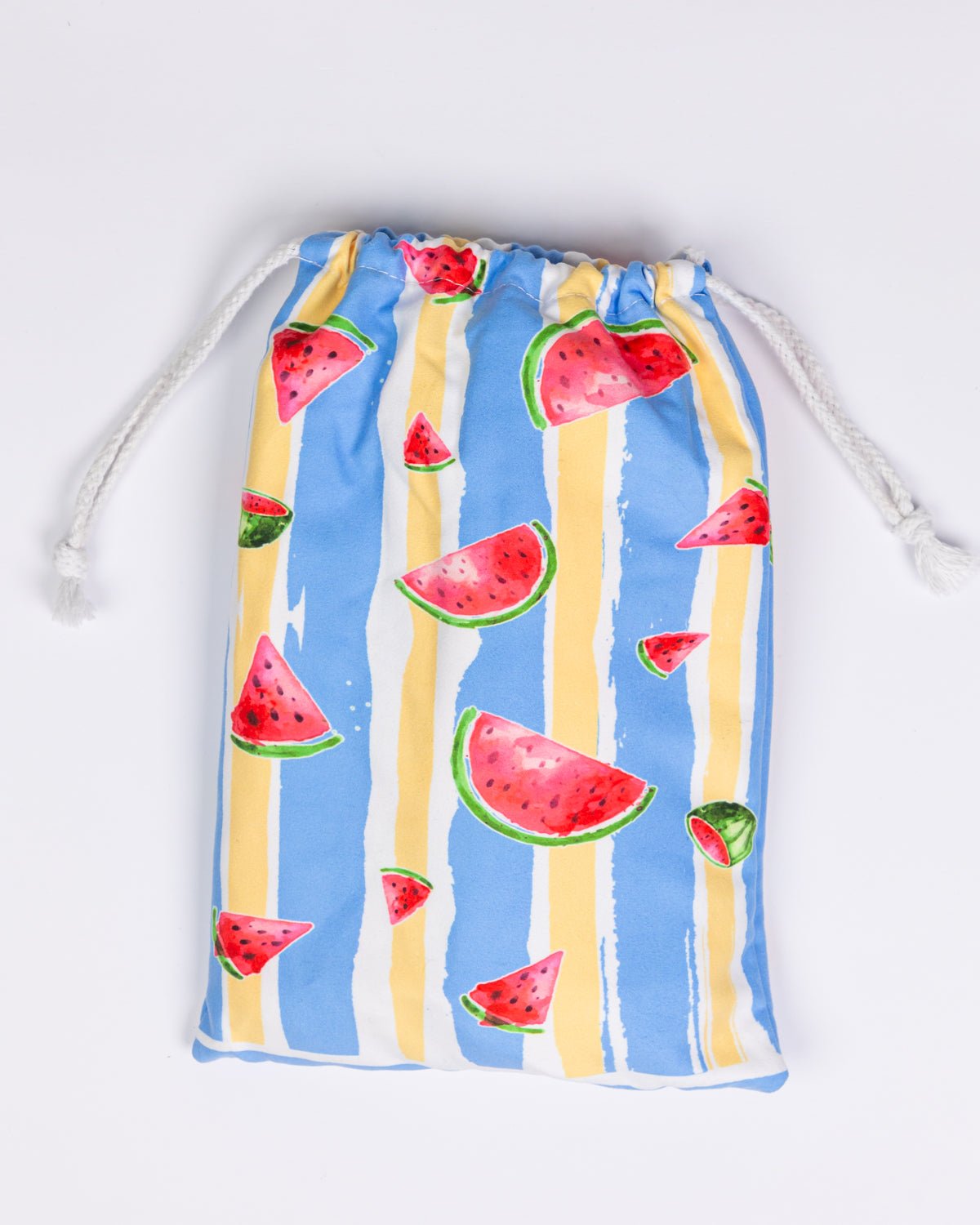 A Quick Dry, Sand Free, Light Weight, Compact and Ecofriendly Microfiber Beach Towel Pouch from La Toalla with a watermelon design